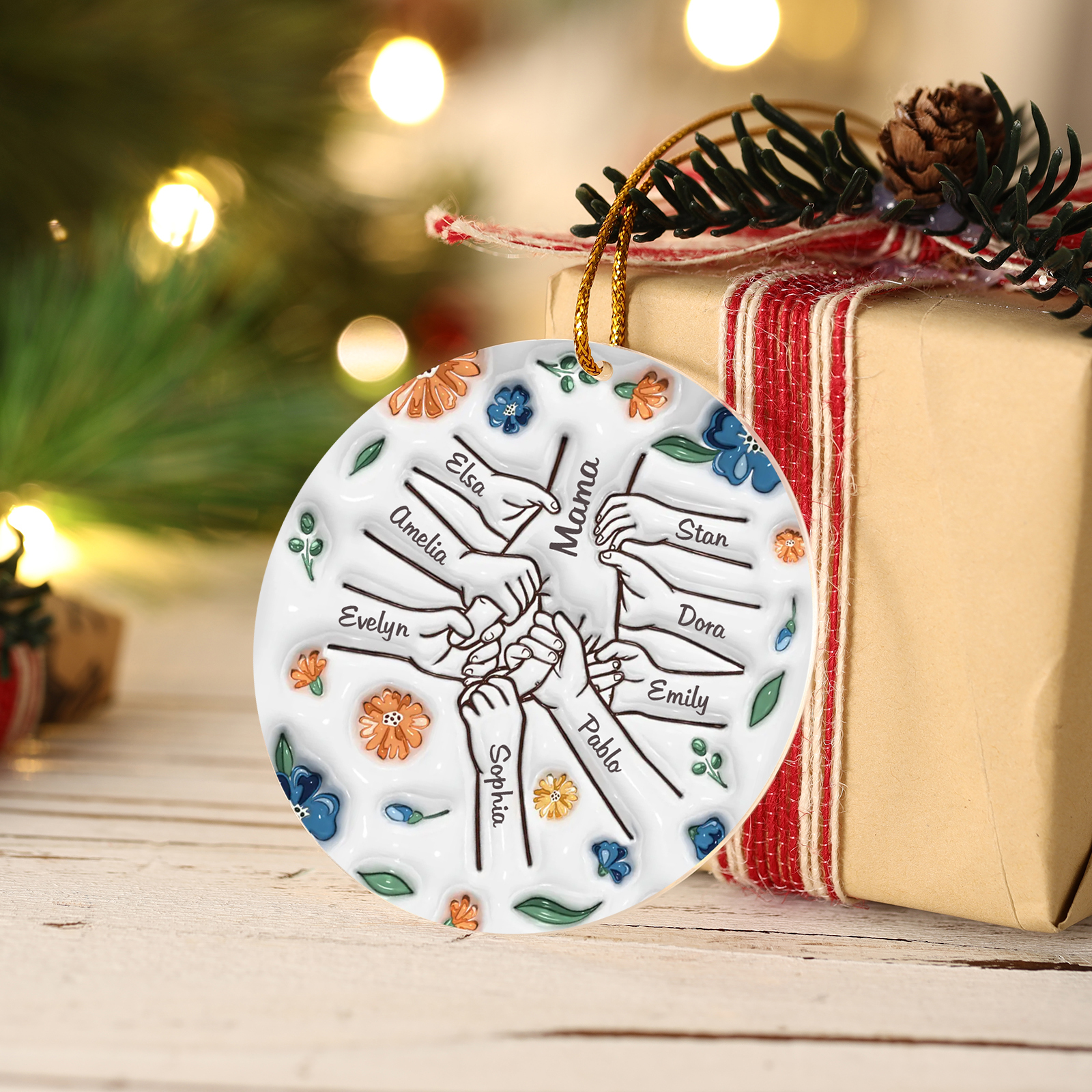 Personalisierte 9 Namen Hand-in-Hand runder Acryl Schlüsselanhänger Weihnachtsornament für Mutter Familie