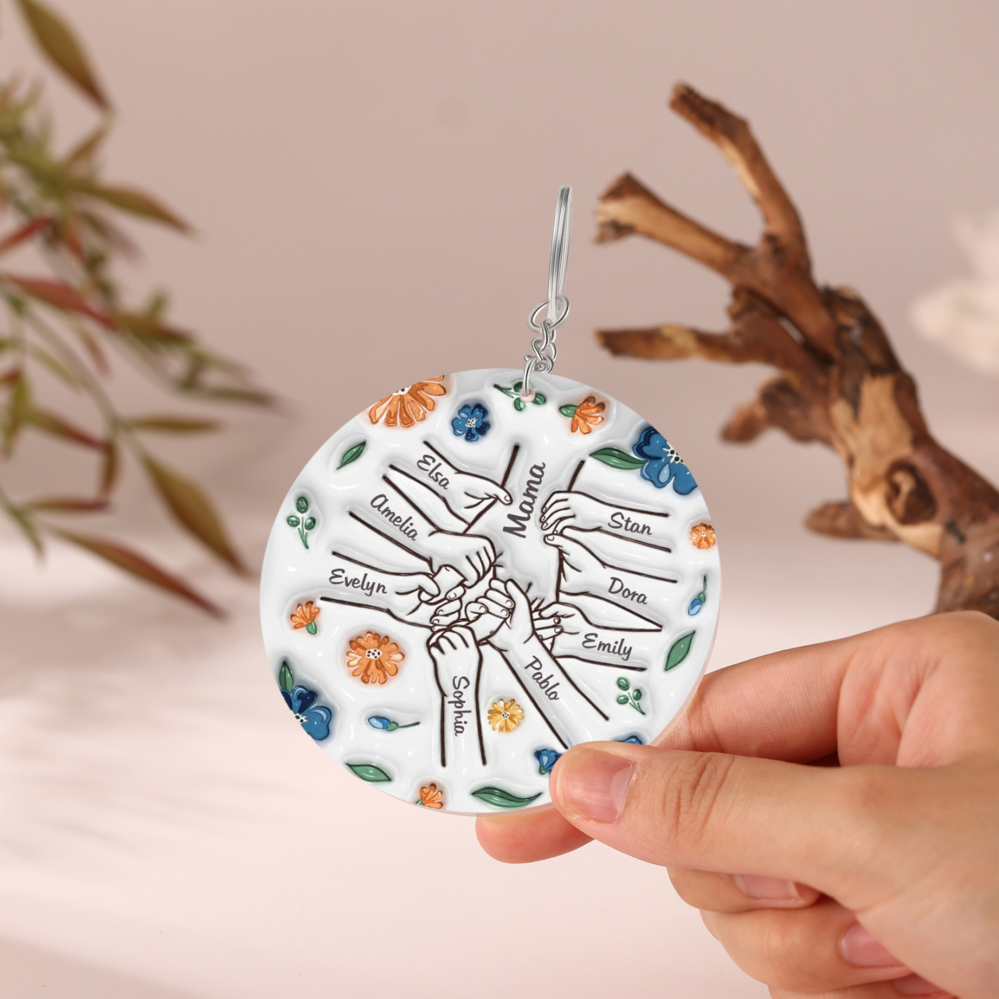 Personalisierte 9 Namen Hand-in-Hand runder Acryl Schlüsselanhänger Weihnachtsornament für Mutter Familie
