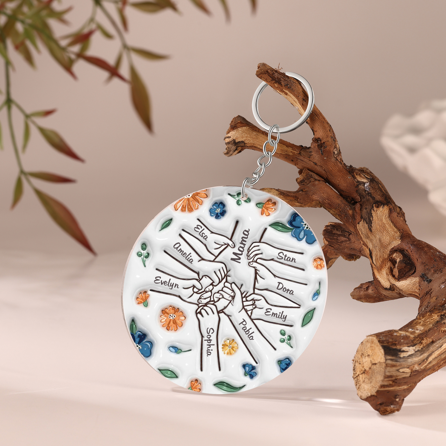 Personalisierte 9 Namen Hand-in-Hand runder Acryl Schlüsselanhänger Weihnachtsornament für Mutter Familie