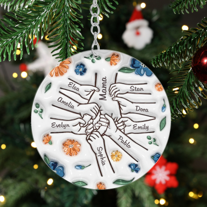 Personalisierte 9 Namen Hand-in-Hand runder Acryl Schlüsselanhänger Weihnachtsornament für Mutter Familie