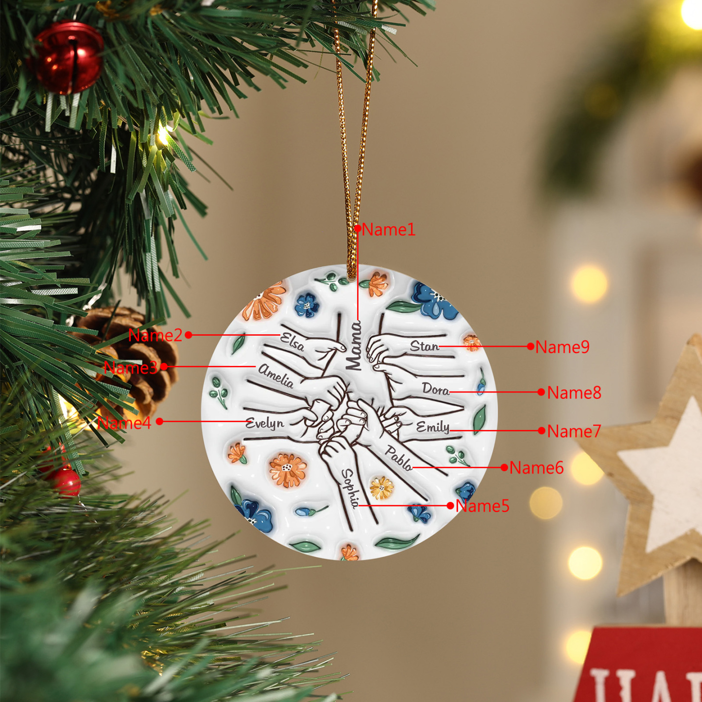 Personalisierte 9 Namen Hand-in-Hand runder Acryl Schlüsselanhänger Weihnachtsornament für Mutter Familie