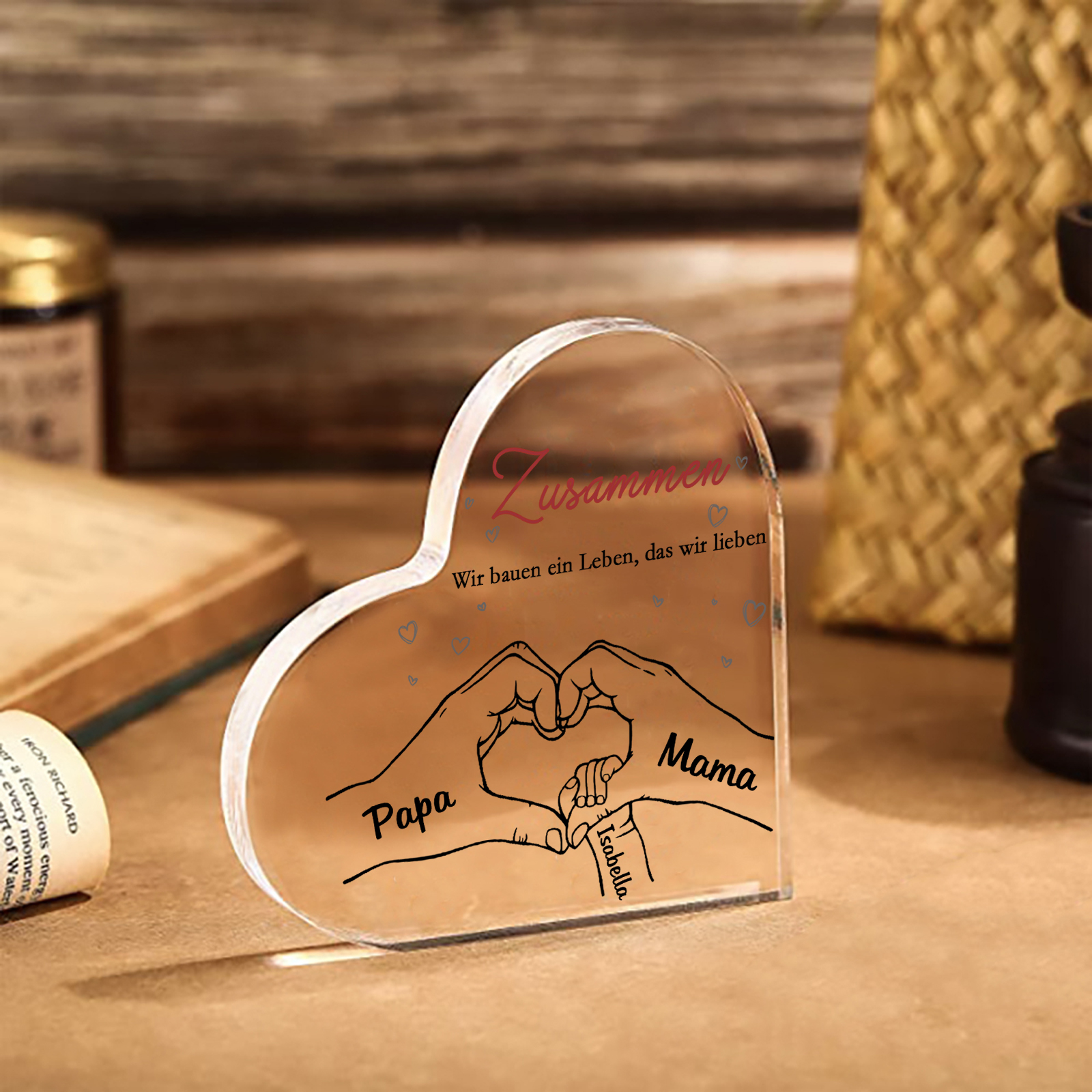 Personalisierte 3 Namen & 2 Texte Herz Hand-in-Hand Acryl-Deko – Liebevolle Schreibtischdekoration für Familie