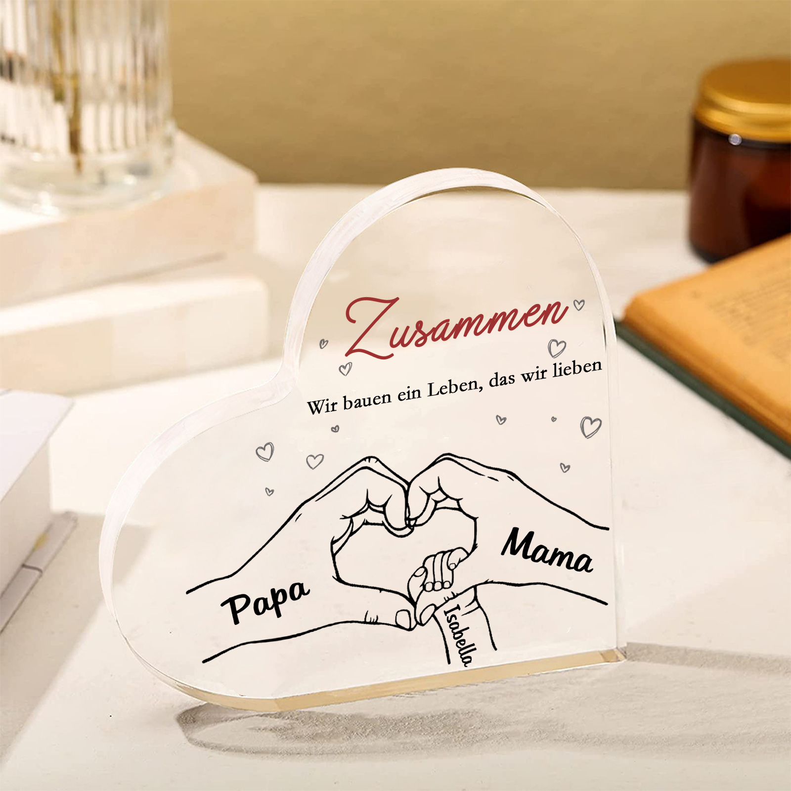 Personalisierte 3 Namen & 2 Texte Herz Hand-in-Hand Acryl-Deko – Liebevolle Schreibtischdekoration für Familie