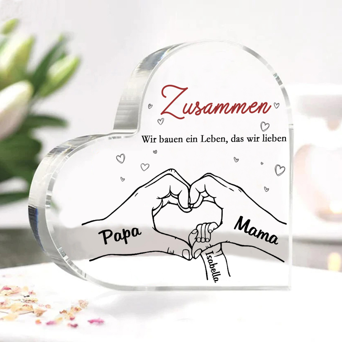 Personalisierte 3 Namen & 2 Texte Herz Hand-in-Hand Acryl-Deko – Liebevolle Schreibtischdekoration für Familie