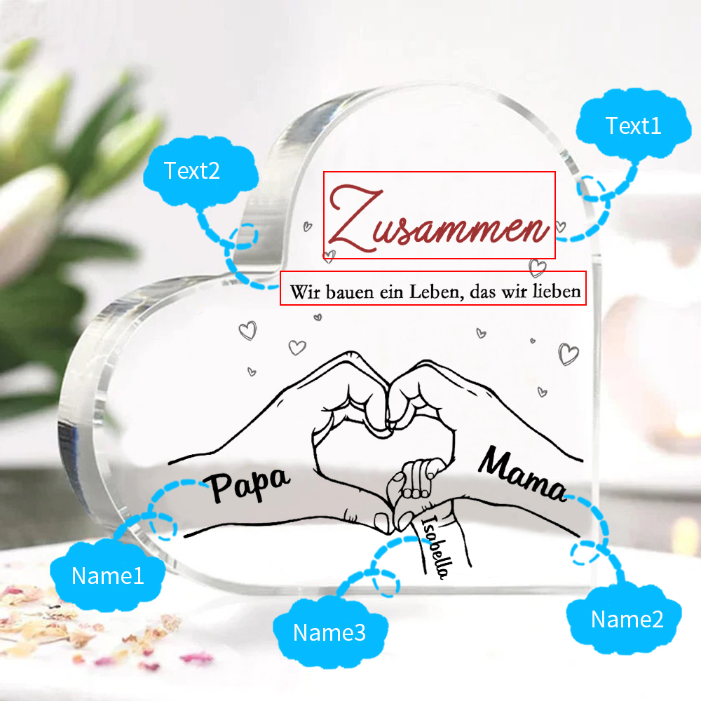 Personalisierte 3 Namen & 2 Texte Herz Hand-in-Hand Acryl-Deko – Liebevolle Schreibtischdekoration für Familie