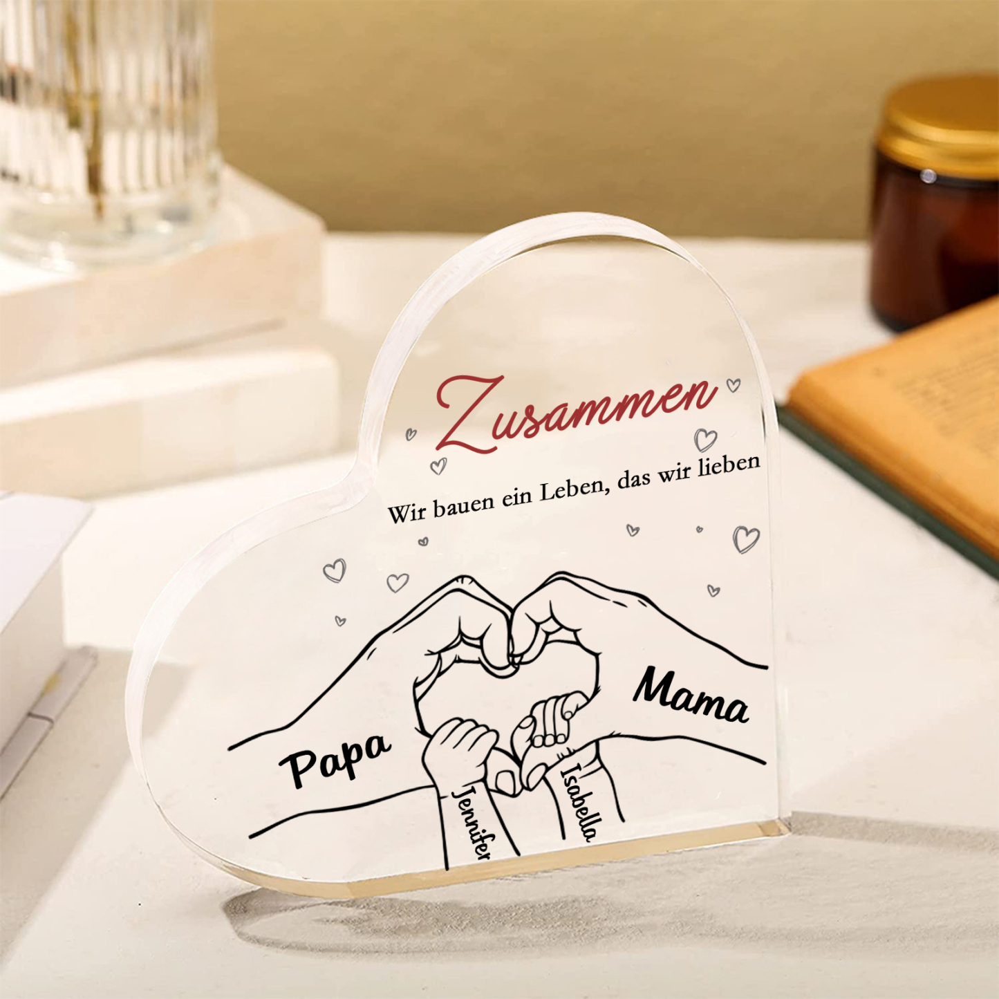 Personalisierte 4 Namen & 2 Texte Herz Hand-in-Hand Acryl-Deko – Liebevolle Schreibtischdekoration für Familie