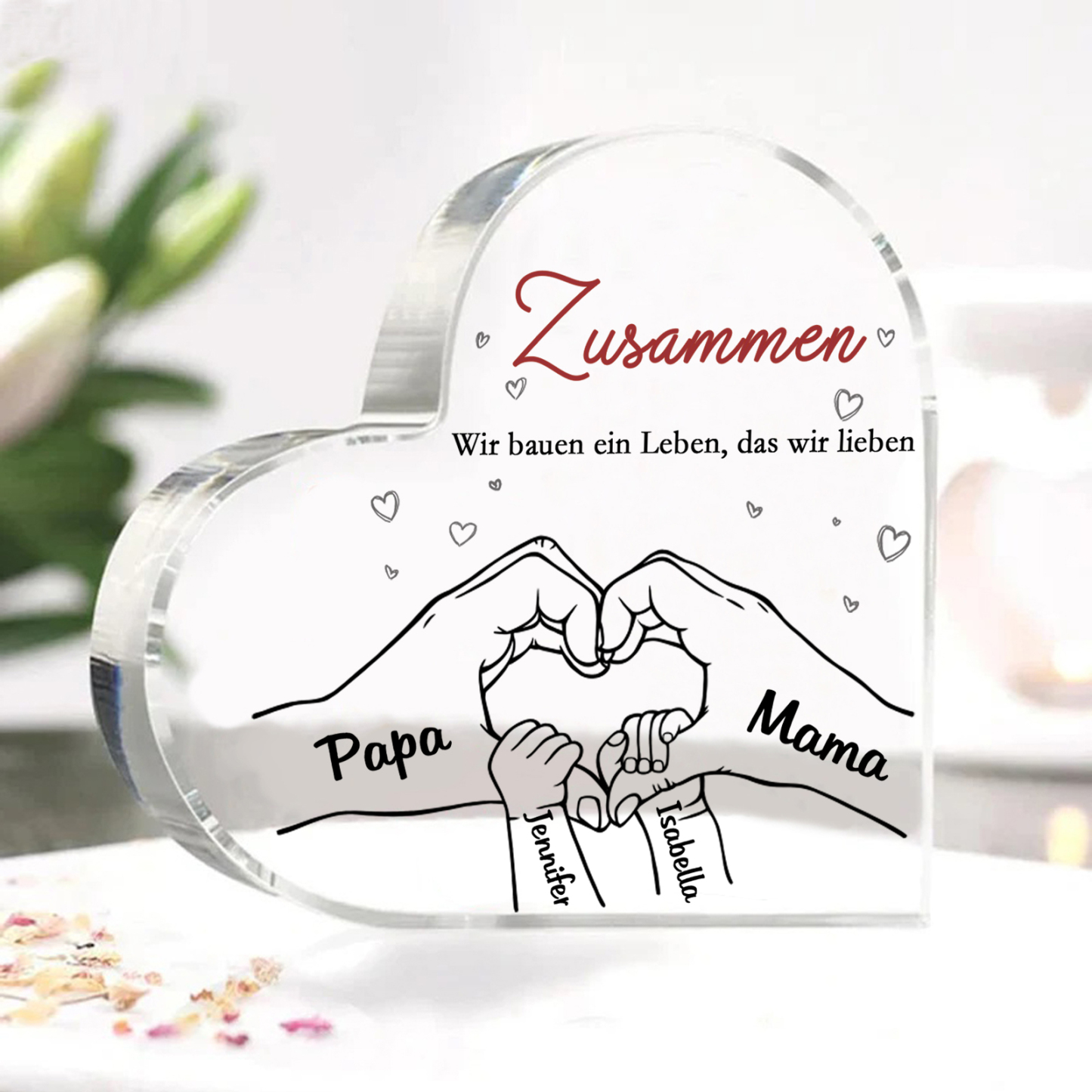 Personalisierte 4 Namen & 2 Texte Herz Hand-in-Hand Acryl-Deko – Liebevolle Schreibtischdekoration für Familie