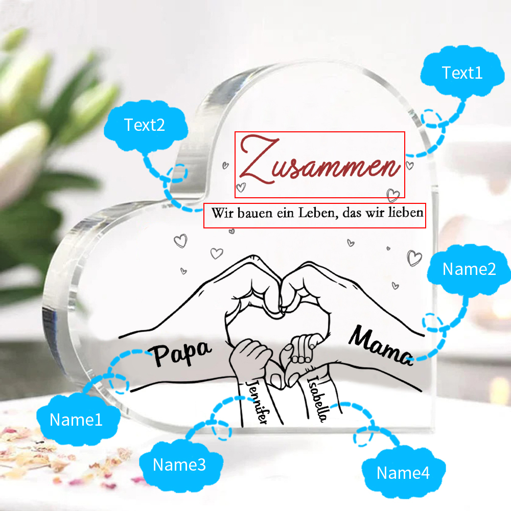 Personalisierte 4 Namen & 2 Texte Herz Hand-in-Hand Acryl-Deko – Liebevolle Schreibtischdekoration für Familie