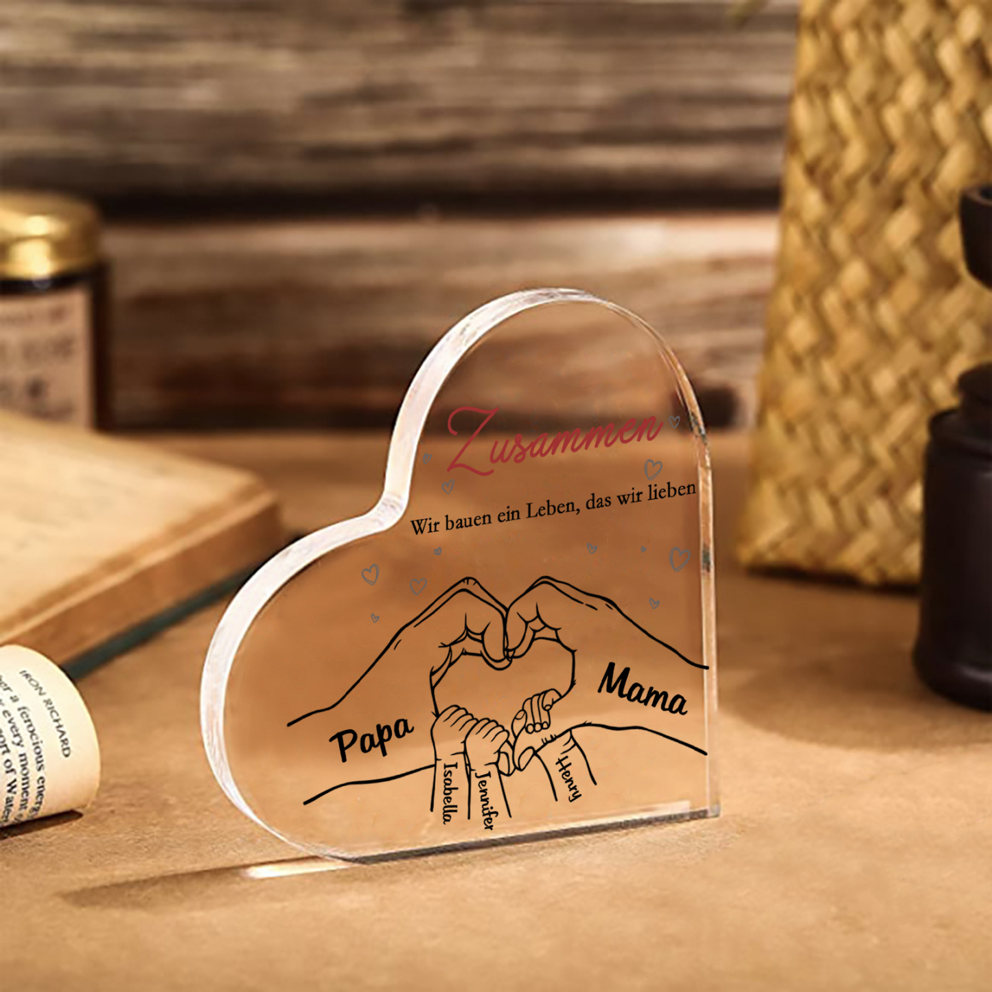 Personalisierte 5 Namen & 2 Texte Herz Hand-in-Hand Acryl-Deko – Liebevolle Schreibtischdekoration für Familie
