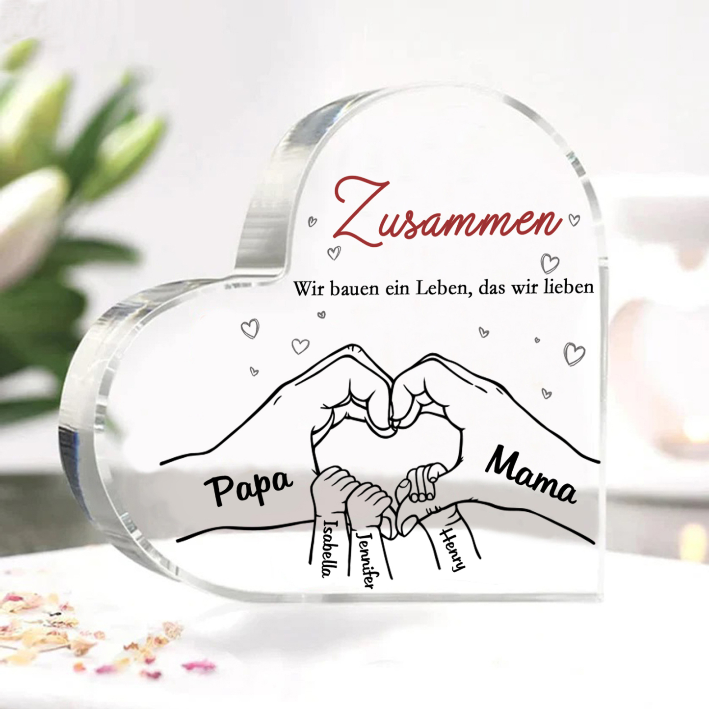 Personalisierte 5 Namen & 2 Texte Herz Hand-in-Hand Acryl-Deko – Liebevolle Schreibtischdekoration für Familie