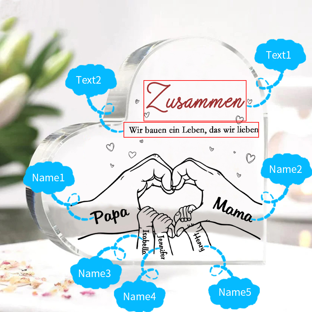 Personalisierte 5 Namen & 2 Texte Herz Hand-in-Hand Acryl-Deko – Liebevolle Schreibtischdekoration für Familie