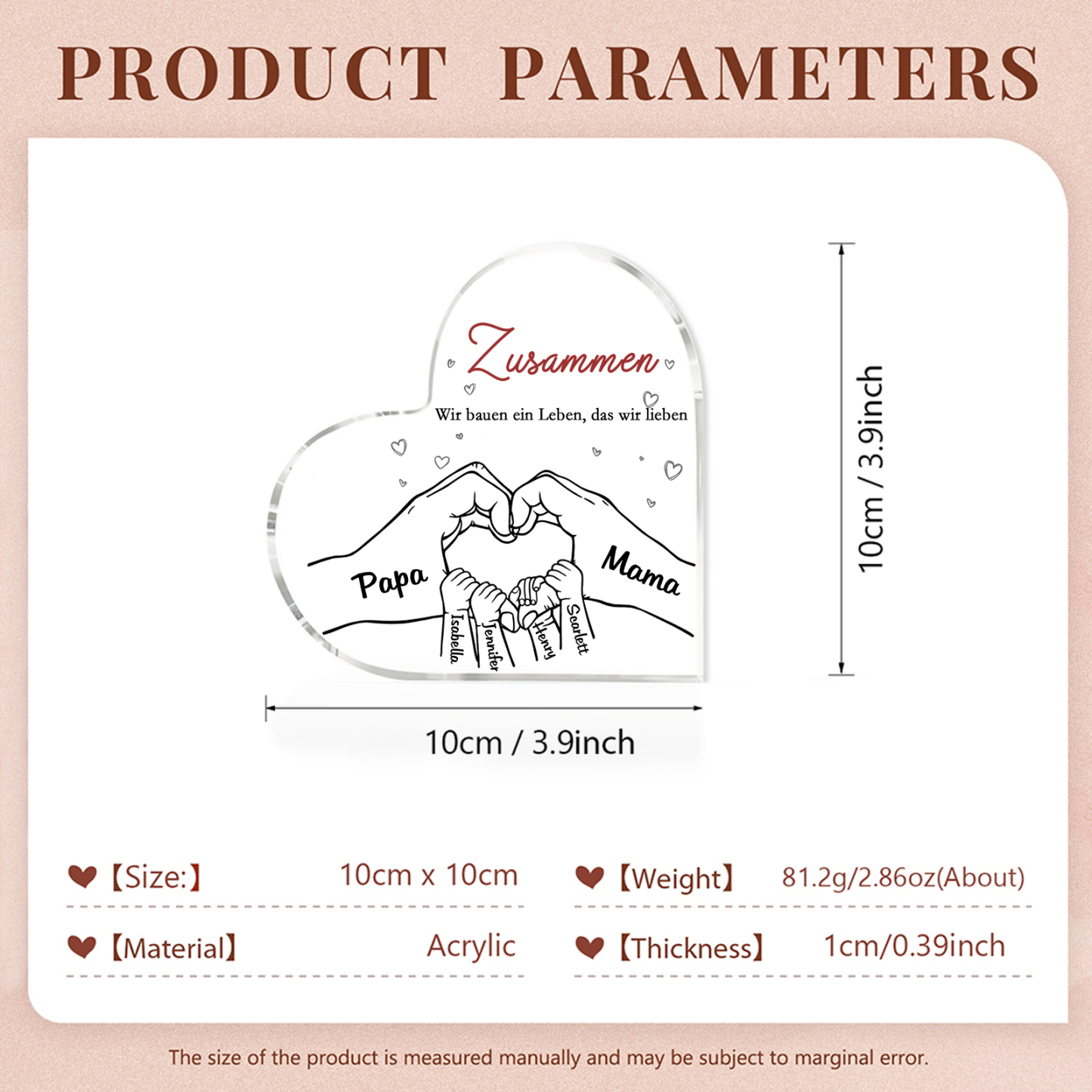 Personalisierte 6 Namen & 2 Texte Herz Hand-in-Hand Acryl-Deko – Liebevolle Schreibtischdekoration für Familie