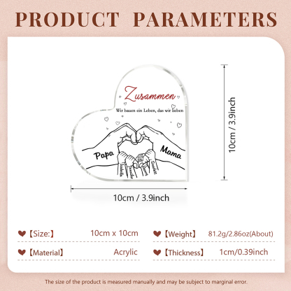 Personalisierte 6 Namen & 2 Texte Herz Hand-in-Hand Acryl-Deko – Liebevolle Schreibtischdekoration für Familie