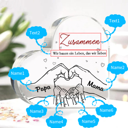 Personalisierte 6 Namen & 2 Texte Herz Hand-in-Hand Acryl-Deko – Liebevolle Schreibtischdekoration für Familie
