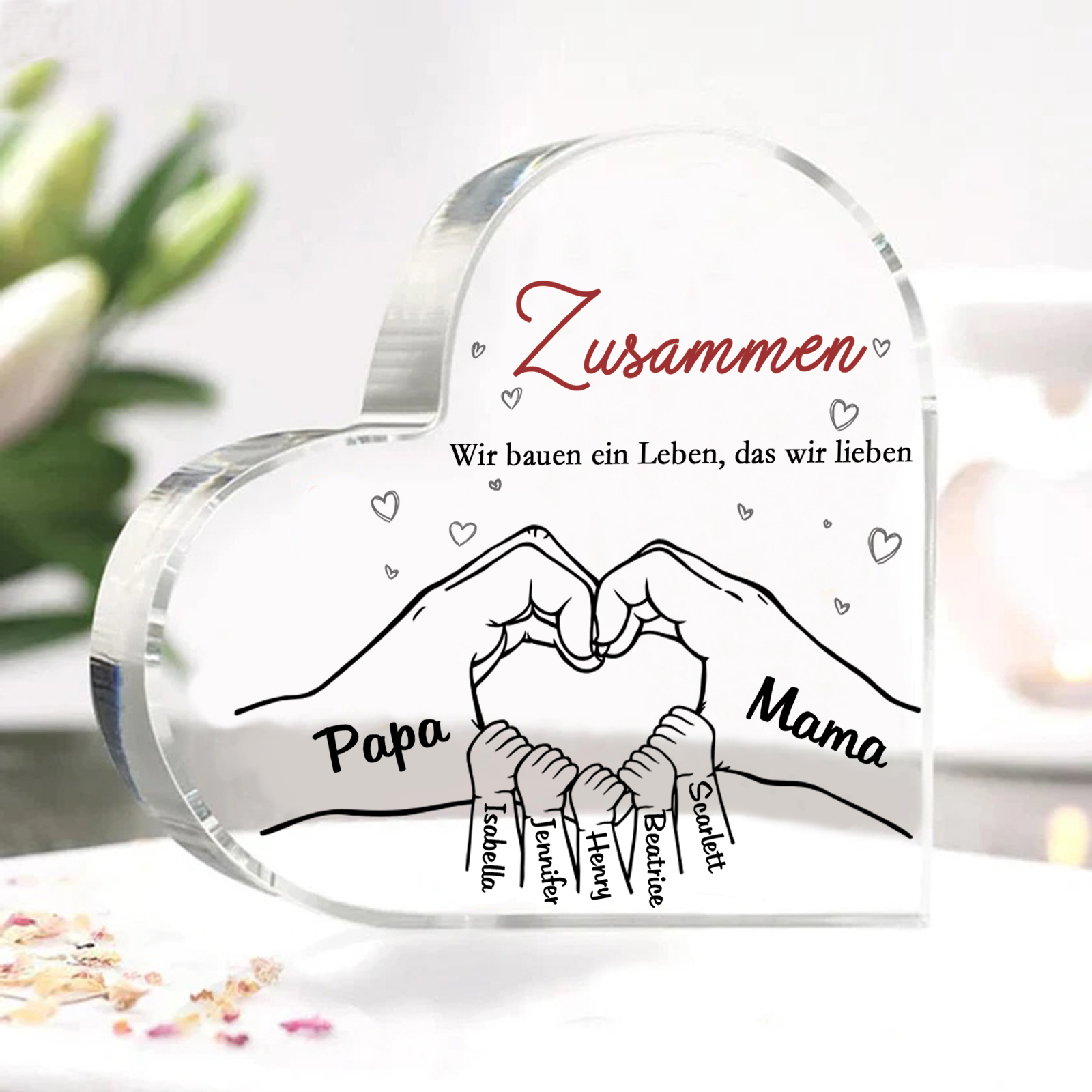 Personalisierte 7 Namen & 2 Texte Herz Hand-in-Hand Acryl-Deko – Liebevolle Schreibtischdekoration für Familie