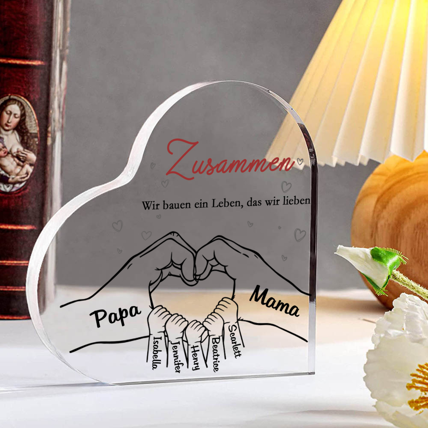 Personalisierte 7 Namen & 2 Texte Herz Hand-in-Hand Acryl-Deko – Liebevolle Schreibtischdekoration für Familie