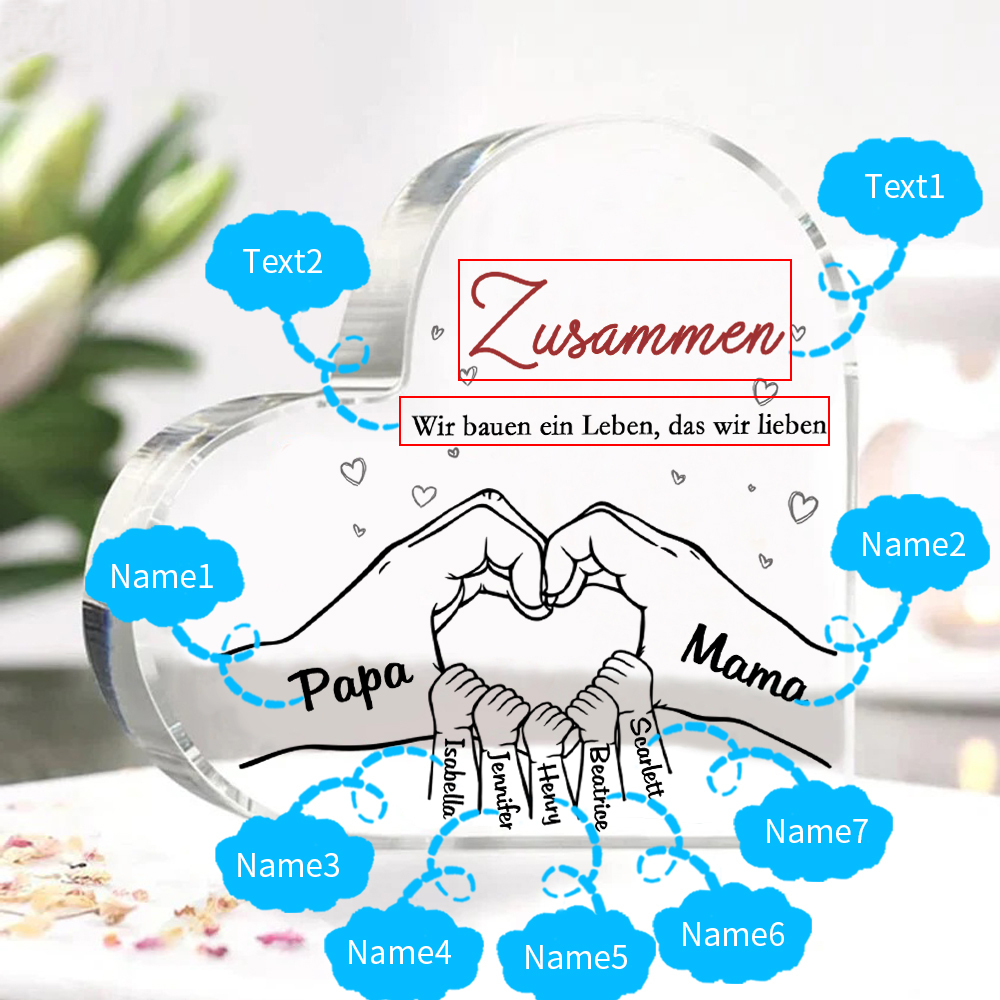 Personalisierte 7 Namen & 2 Texte Herz Hand-in-Hand Acryl-Deko – Liebevolle Schreibtischdekoration für Familie