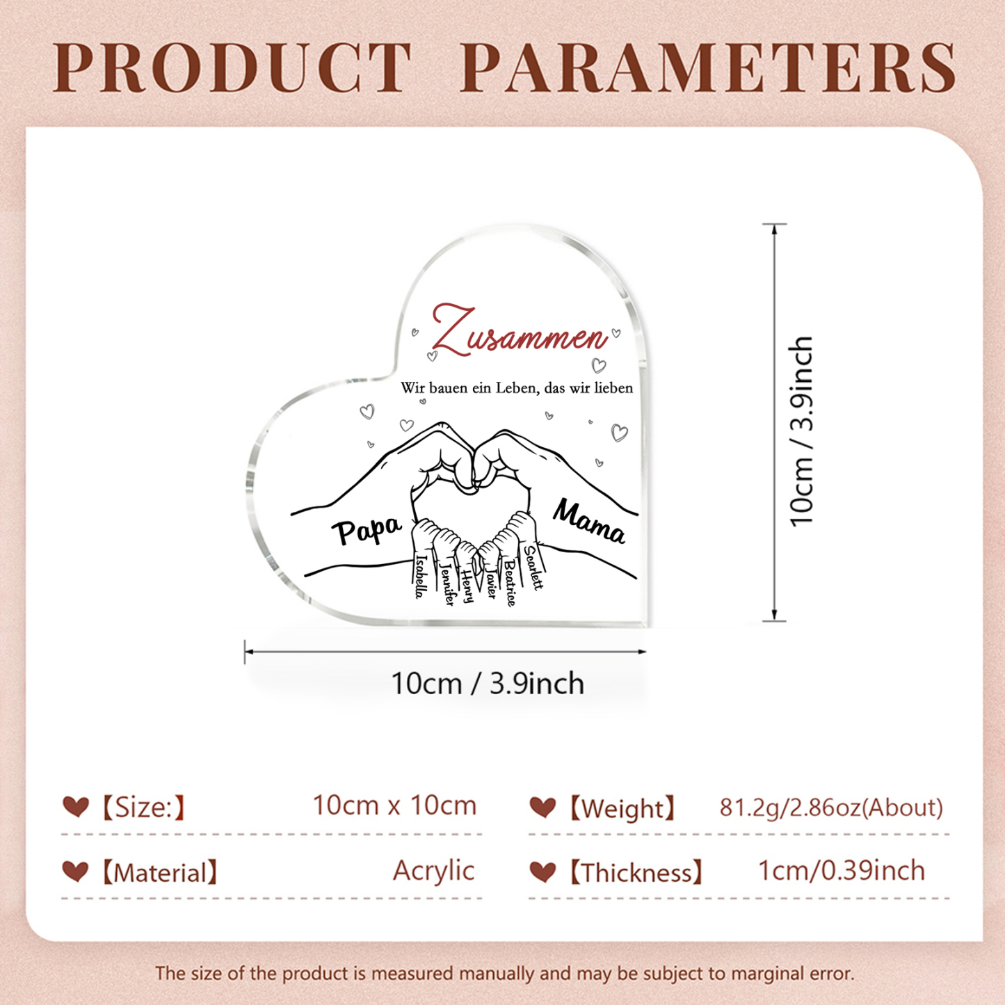 Personalisierte 8 Namen & 2 Texte Herz Hand-in-Hand Acryl-Deko – Liebevolle Schreibtischdekoration für Familie