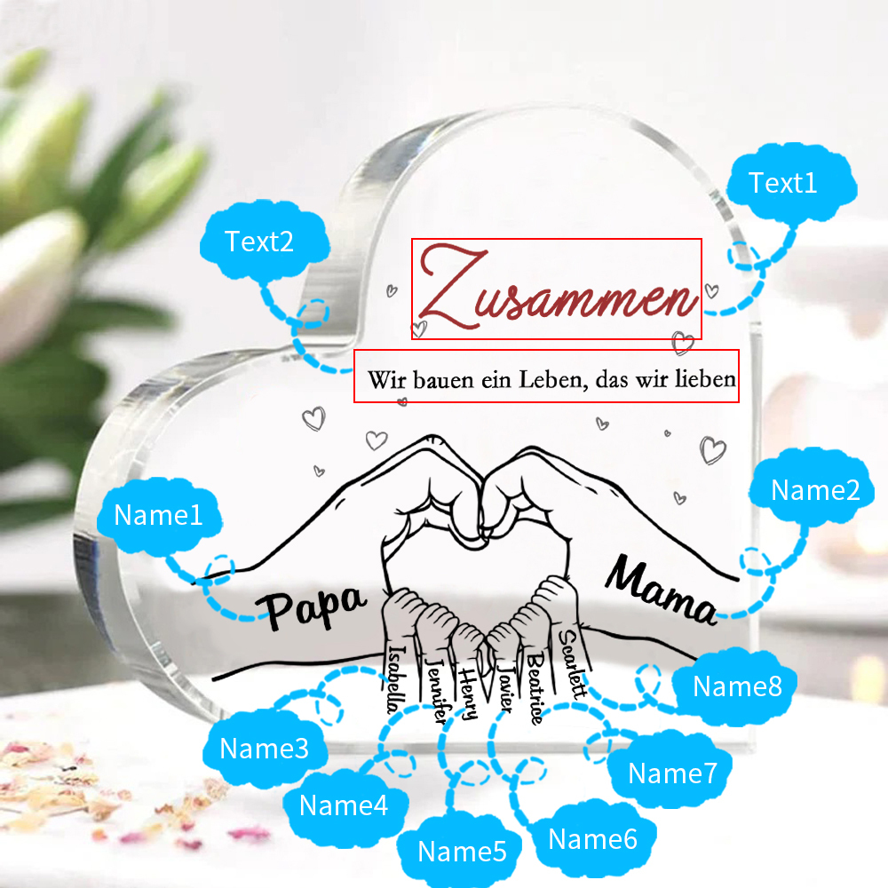 Personalisierte 8 Namen & 2 Texte Herz Hand-in-Hand Acryl-Deko – Liebevolle Schreibtischdekoration für Familie