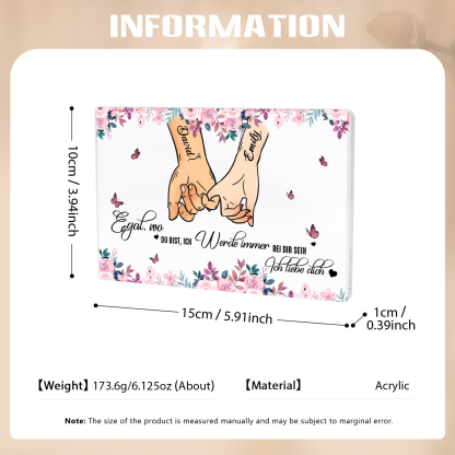 Personalisierte 2 Namen Quadrat Hand-in-Hand Acryl-Deko - Ich liebe dich - Schreibtischdekoration für Paar