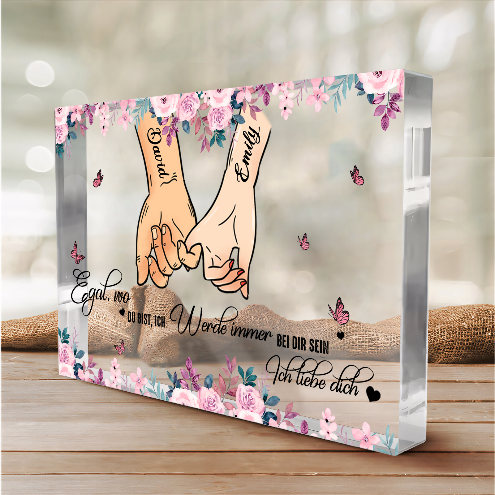 Personalisierte 2 Namen Quadrat Hand-in-Hand Acryl-Deko - Ich liebe dich - Schreibtischdekoration für Paar