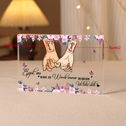 Personalisierte 2 Namen Quadrat Hand-in-Hand Acryl-Deko - Ich liebe dich - Schreibtischdekoration für Paar