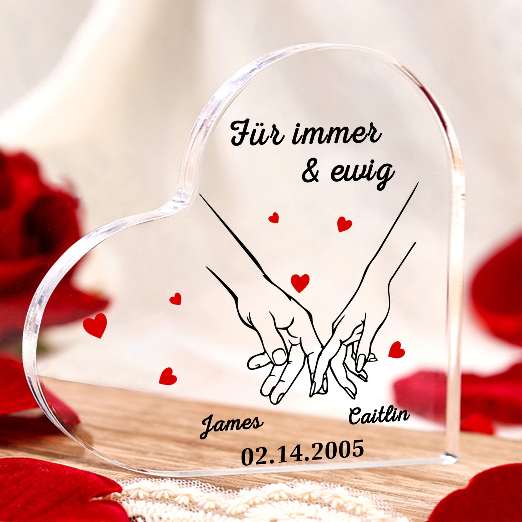 Personalisierte 2 Namen & Datum Herz Acryl-Deko –Für immer & ewig– Schreibtischdekoration für Paar