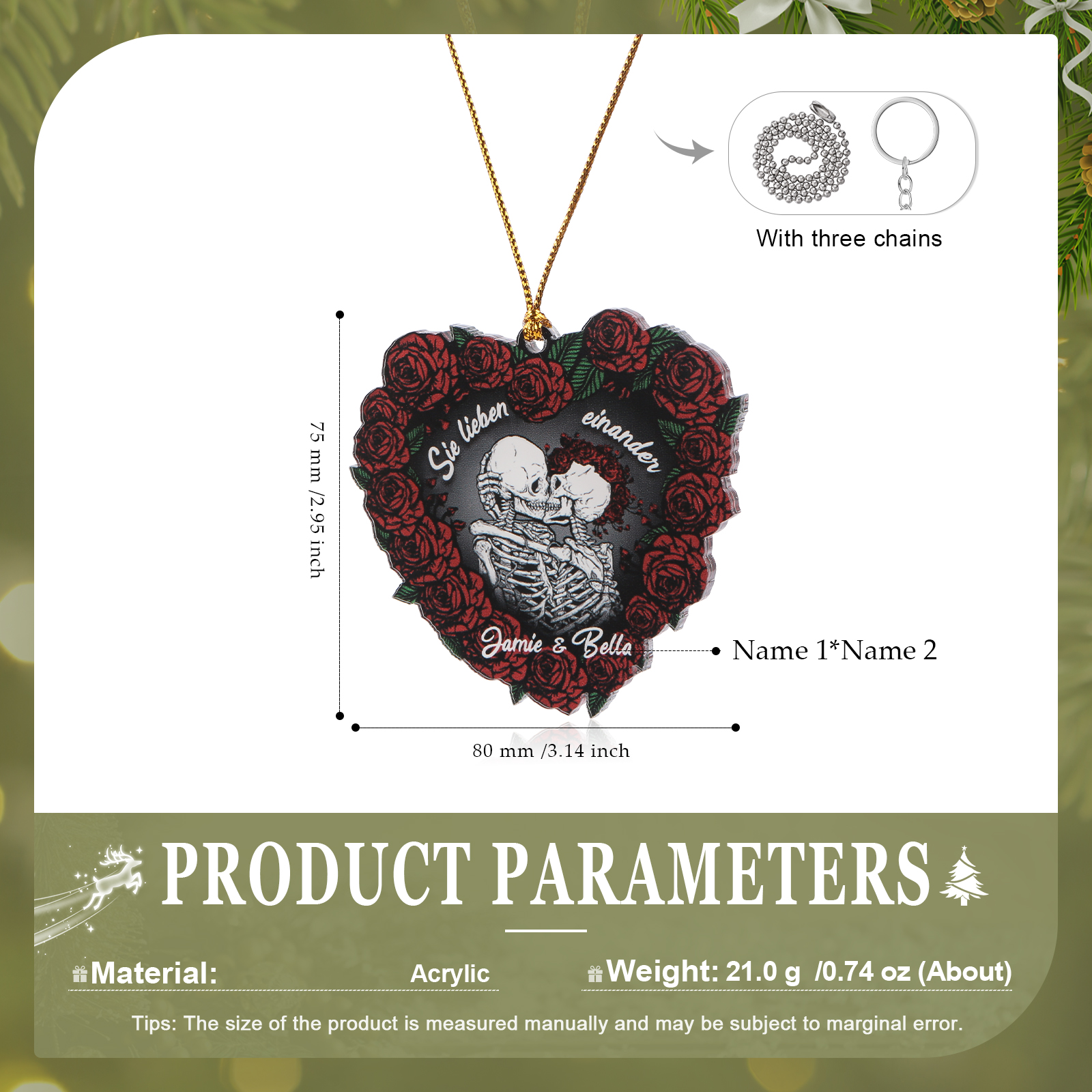 Personalisierte 2 Namen Skelett-Liebespaar Herz Acryl Schlüsselanhänger mit Rosa -Sie lieben einander- Weihnachtsornament für Paar