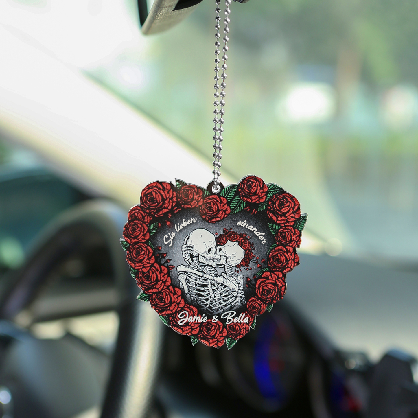 Personalisierte 2 Namen Skelett-Liebespaar Herz Acryl Schlüsselanhänger mit Rosa -Sie lieben einander- Weihnachtsornament für Paar