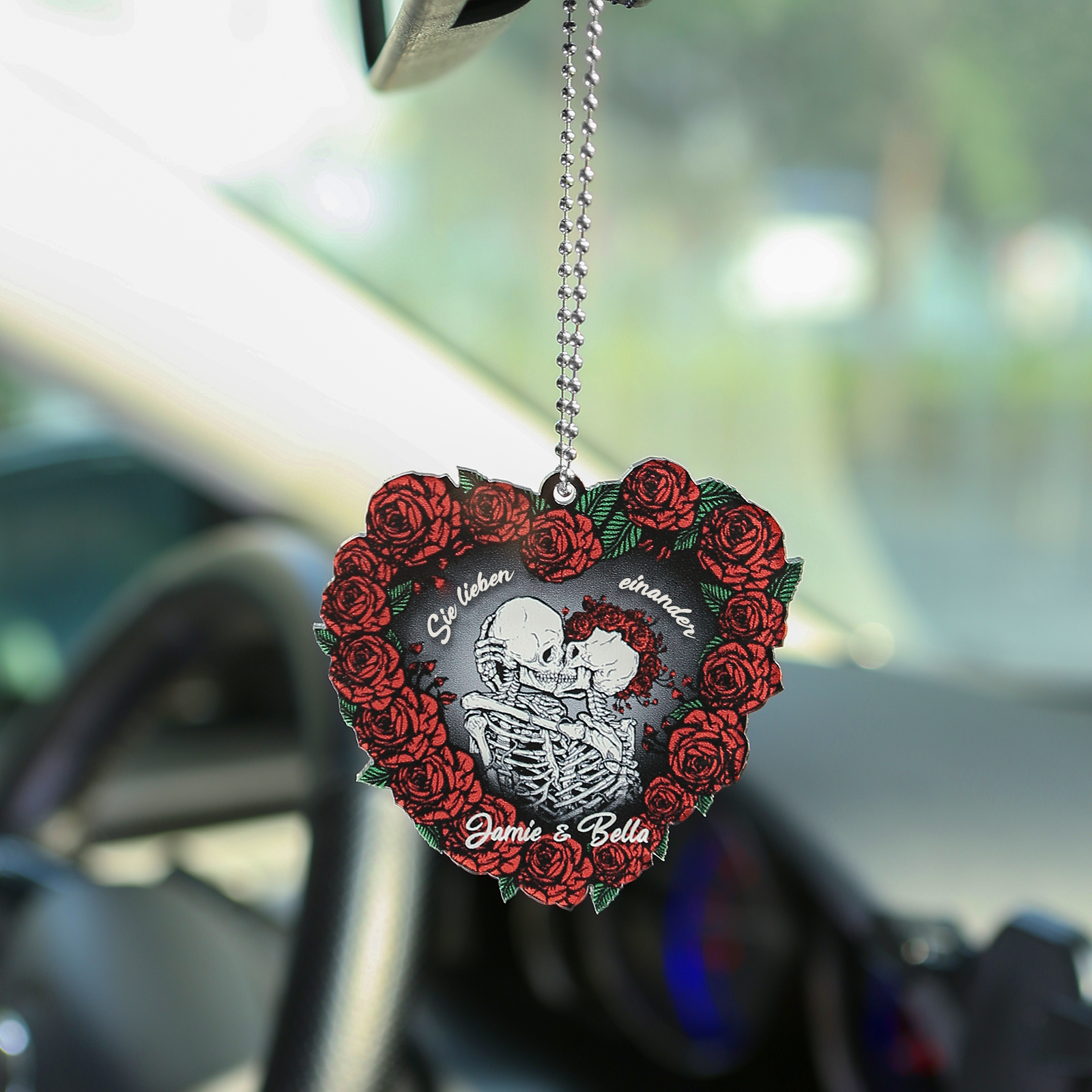 Personalisierte 2 Namen Skelett-Liebespaar Herz Acryl Schlüsselanhänger mit Rosa -Sie lieben einander- Weihnachtsornament für Paar