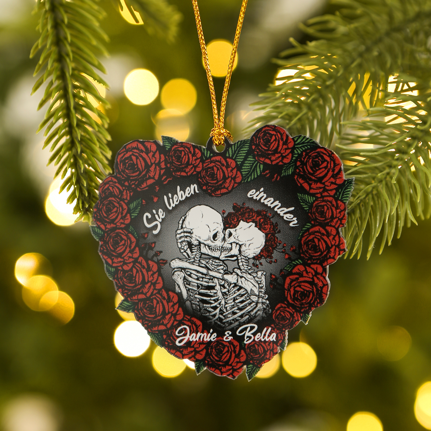Personalisierte 2 Namen Skelett-Liebespaar Herz Acryl Schlüsselanhänger mit Rosa -Sie lieben einander- Weihnachtsornament für Paar