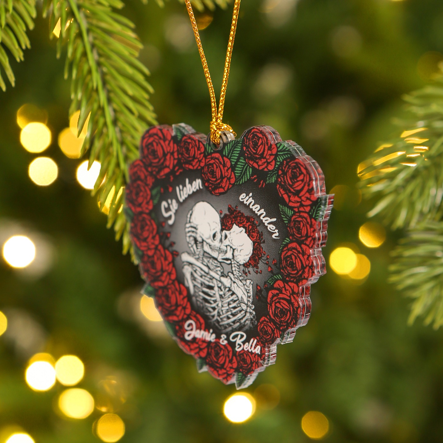 Personalisierte 2 Namen Skelett-Liebespaar Herz Acryl Schlüsselanhänger mit Rosa -Sie lieben einander- Weihnachtsornament für Paar