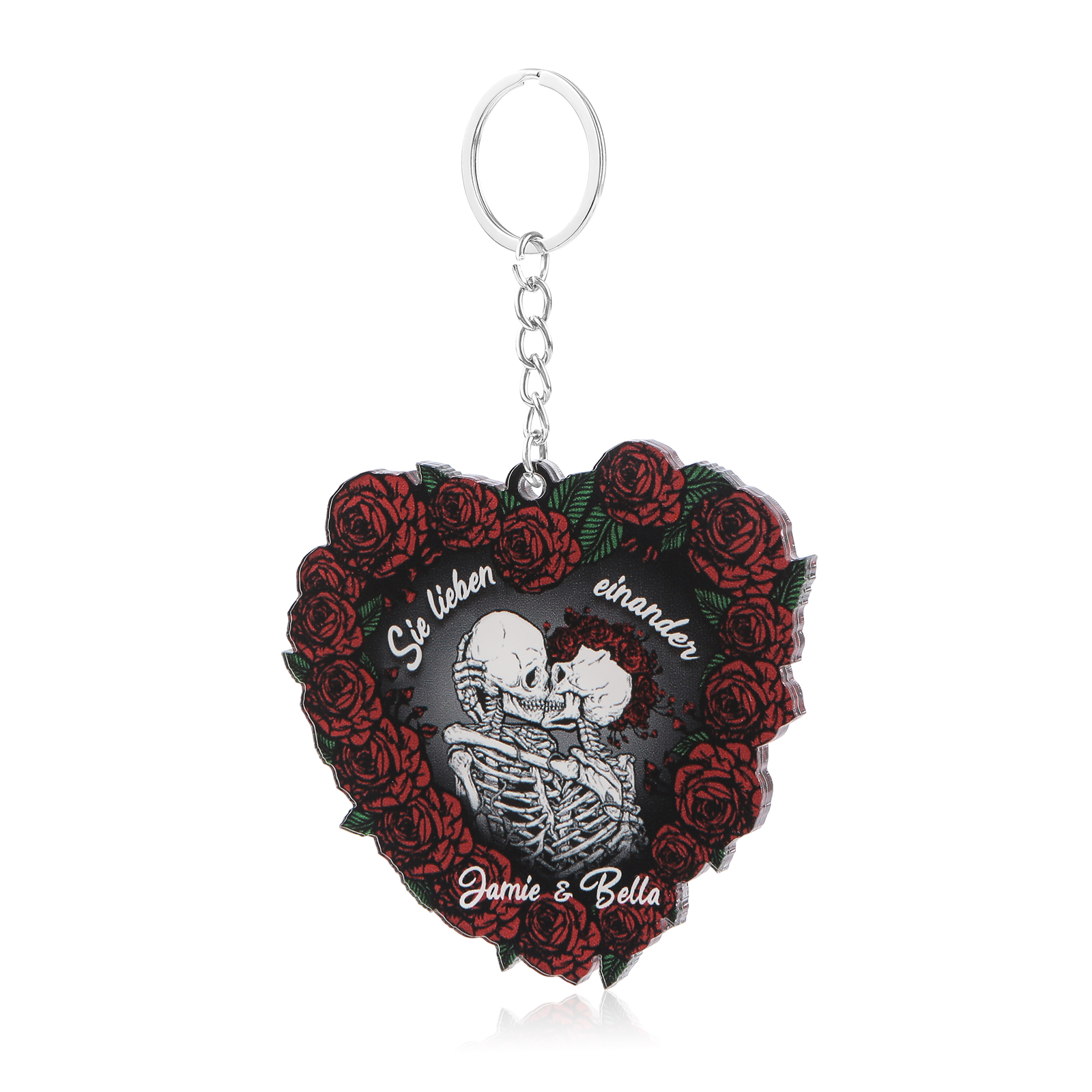 Personalisierte 2 Namen Skelett-Liebespaar Herz Acryl Schlüsselanhänger mit Rosa -Sie lieben einander- Weihnachtsornament für Paar