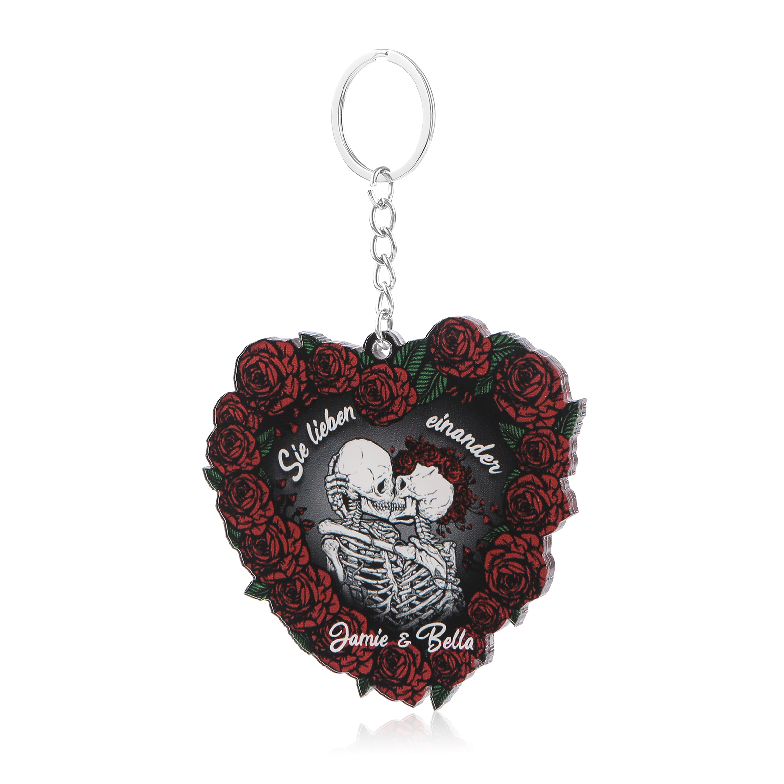 Personalisierte 2 Namen Skelett-Liebespaar Herz Acryl Schlüsselanhänger mit Rosa -Sie lieben einander- Weihnachtsornament für Paar