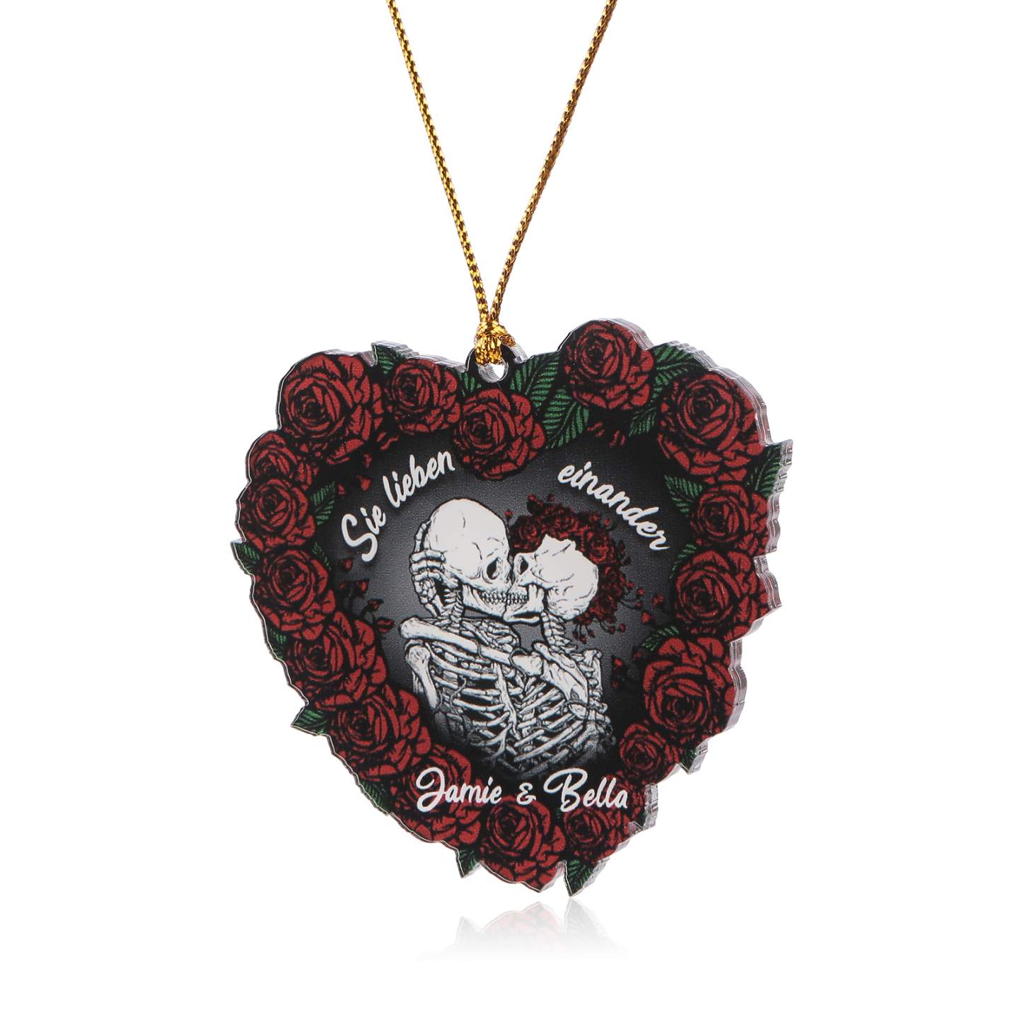 Personalisierte 2 Namen Skelett-Liebespaar Herz Acryl Schlüsselanhänger mit Rosa -Sie lieben einander- Weihnachtsornament für Paar