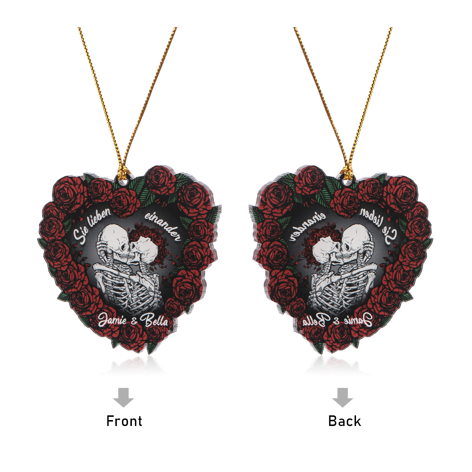Personalisierte 2 Namen Skelett-Liebespaar Herz Acryl Schlüsselanhänger mit Rosa -Sie lieben einander- Weihnachtsornament für Paar