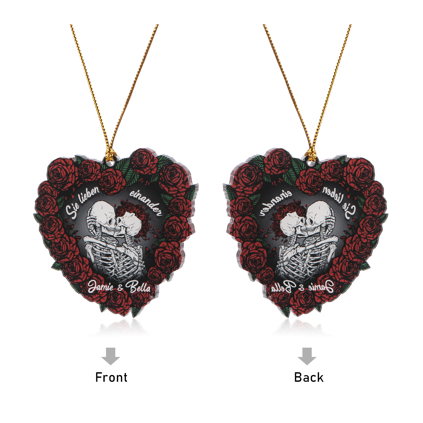 Personalisierte 2 Namen Skelett-Liebespaar Herz Acryl Schlüsselanhänger mit Rosa -Sie lieben einander- Weihnachtsornament für Paar