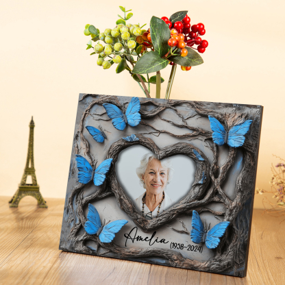 Personalisierter 1 Name & Foto & Datum Gedenk-Holzbild mit blauen Schmetterlingen – Ein liebevolles Andenken an Ihre Liebsten