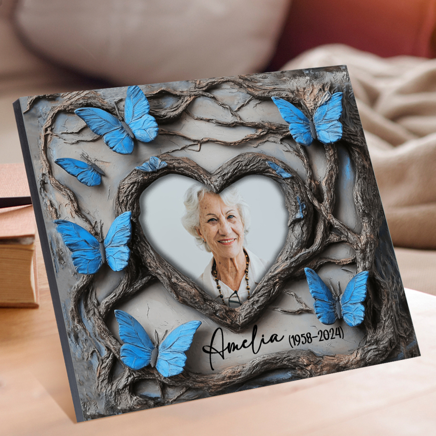 Personalisierter 1 Name & Foto & Datum Gedenk-Holzbild mit blauen Schmetterlingen – Ein liebevolles Andenken an Ihre Liebsten