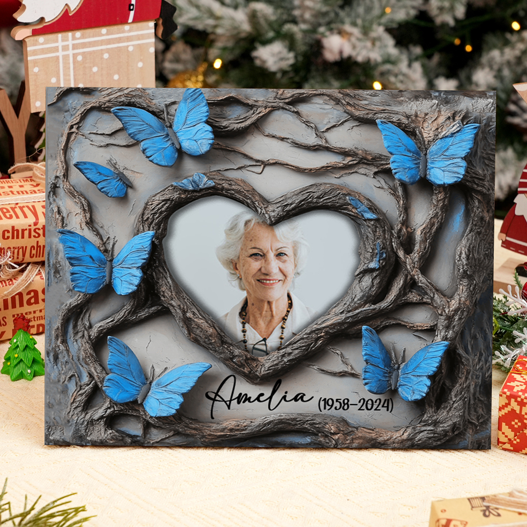 Personalisierter 1 Name & Foto & Datum Gedenk-Holzbild mit blauen Schmetterlingen – Ein liebevolles Andenken an Ihre Liebsten