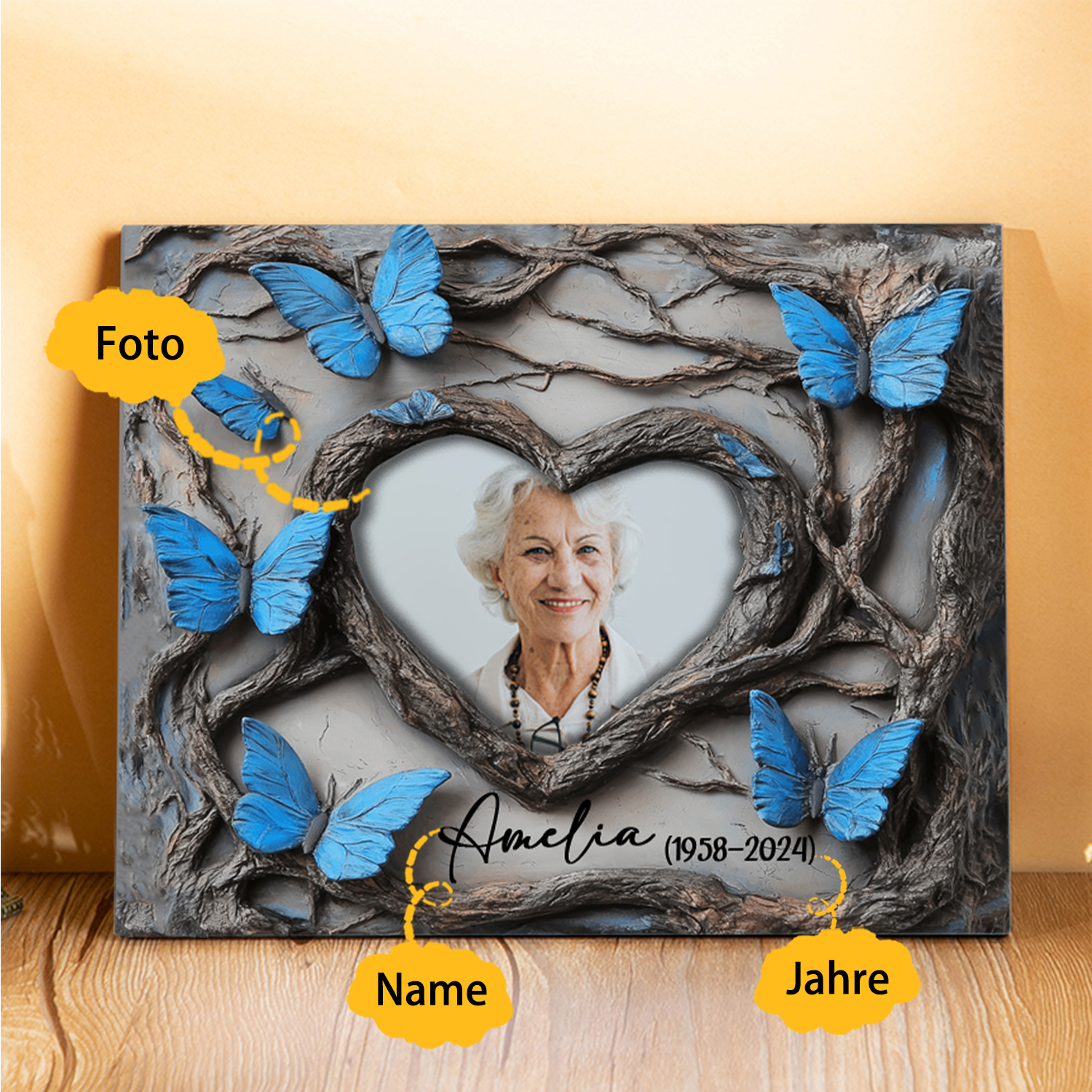 Personalisierter 1 Name & Foto & Datum Gedenk-Holzbild mit blauen Schmetterlingen – Ein liebevolles Andenken an Ihre Liebsten