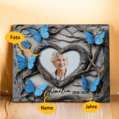 Personalisierter 1 Name & Foto & Datum Gedenk-Holzbild mit blauen Schmetterlingen – Ein liebevolles Andenken an Ihre Liebsten