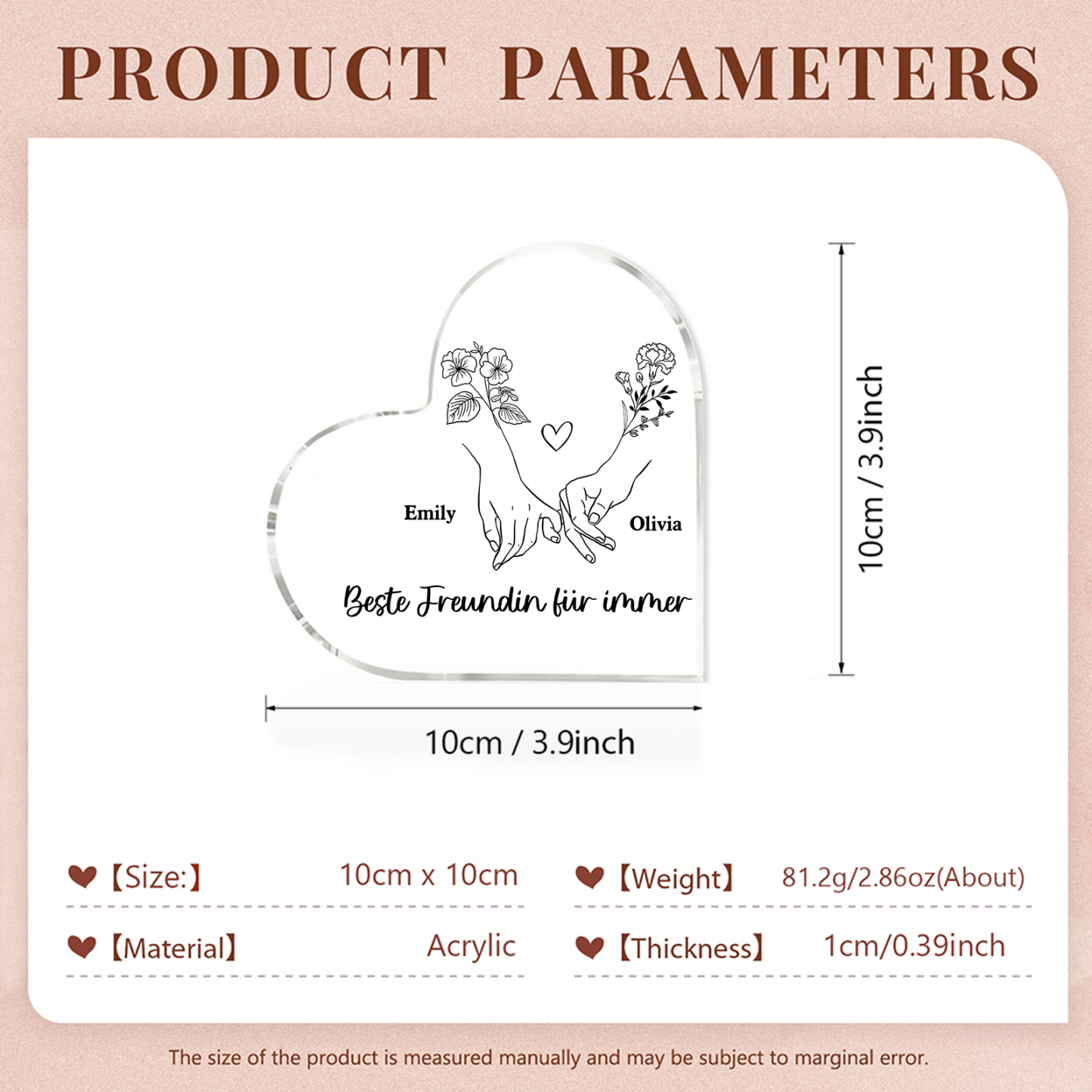 Personalisierte 2 Namen & 2 Geburtsblume Herz Acryl-Deko -Beste Freundin für immer- Schreibtischdekoration