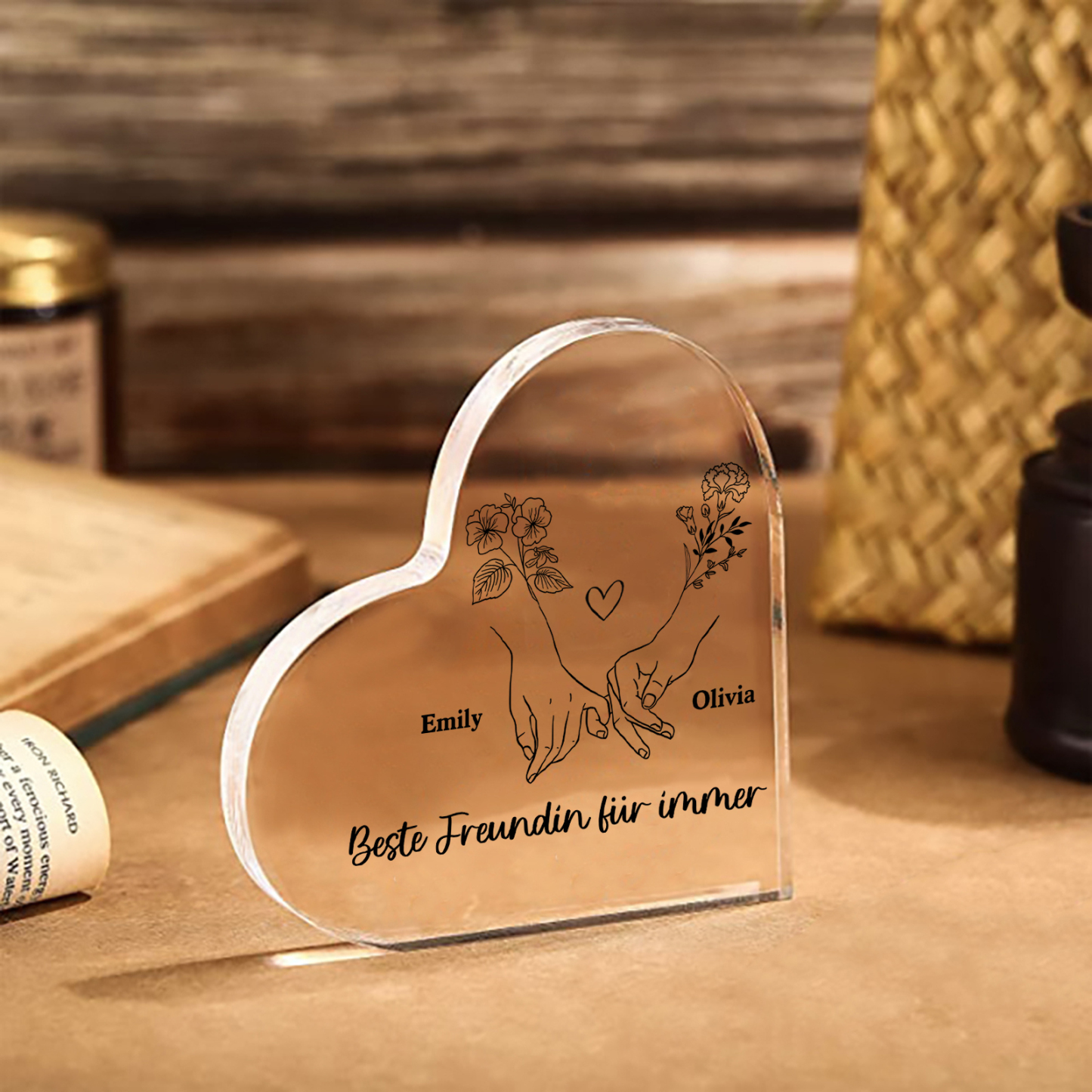 Personalisierte 2 Namen & 2 Geburtsblume Herz Acryl-Deko -Beste Freundin für immer- Schreibtischdekoration