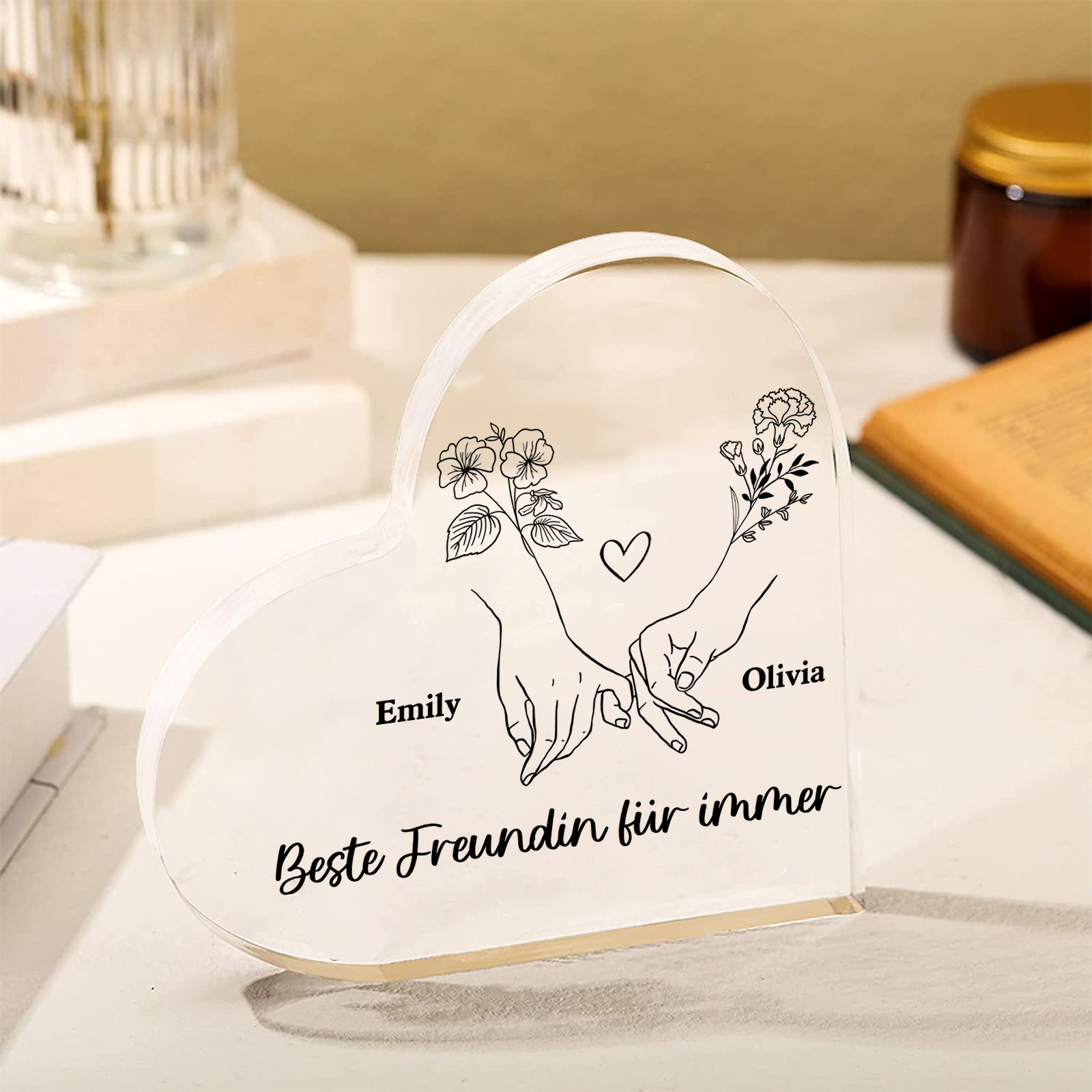 Personalisierte 2 Namen & 2 Geburtsblume Herz Acryl-Deko -Beste Freundin für immer- Schreibtischdekoration