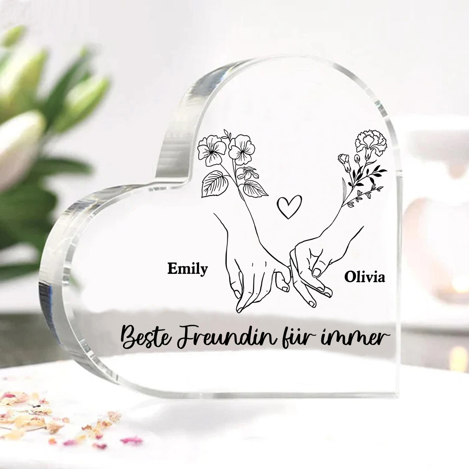 Personalisierte 2 Namen & 2 Geburtsblume Herz Acryl-Deko -Beste Freundin für immer- Schreibtischdekoration