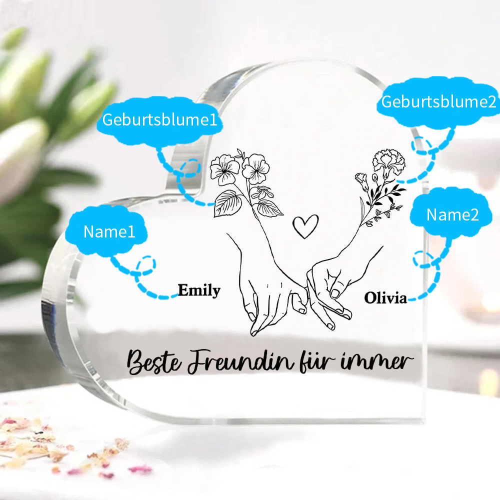Personalisierte 2 Namen & 2 Geburtsblume Herz Acryl-Deko -Beste Freundin für immer- Schreibtischdekoration
