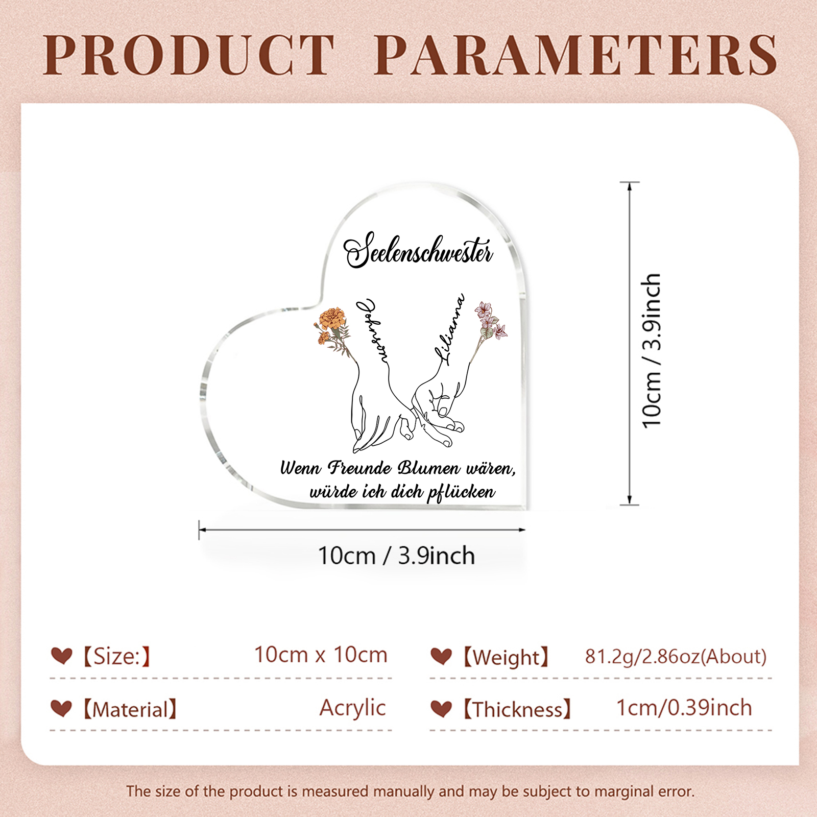 Personalisierte 2 Namen & 2 Geburtsblumen & 2 Texte Herz Acryl-Deko -Wenn Freunde Blumen wären, würde ich dich pflücken- Schreibtischdekoration für Beste Freundin