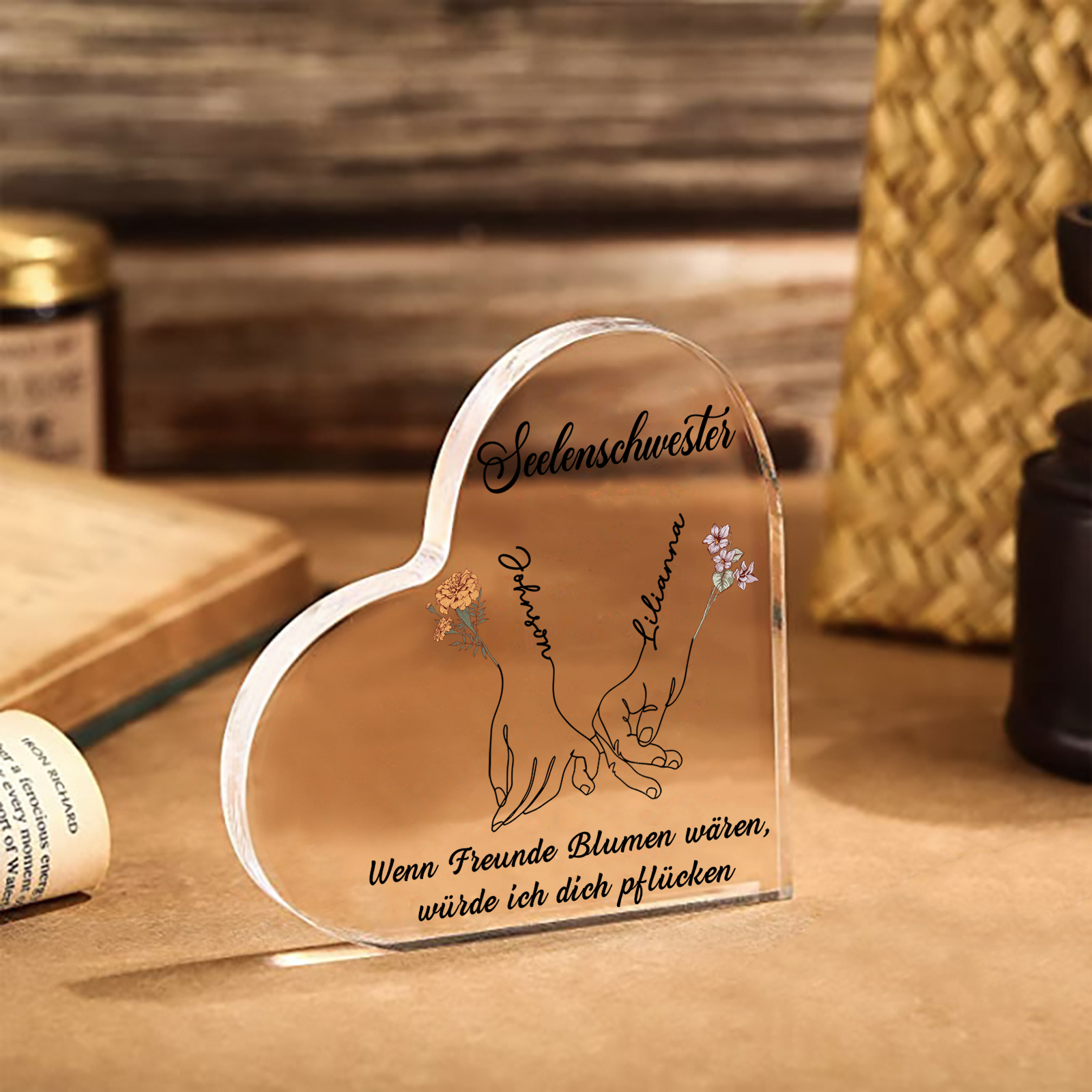 Personalisierte 2 Namen & 2 Geburtsblumen & 2 Texte Herz Acryl-Deko -Wenn Freunde Blumen wären, würde ich dich pflücken- Schreibtischdekoration für Beste Freundin