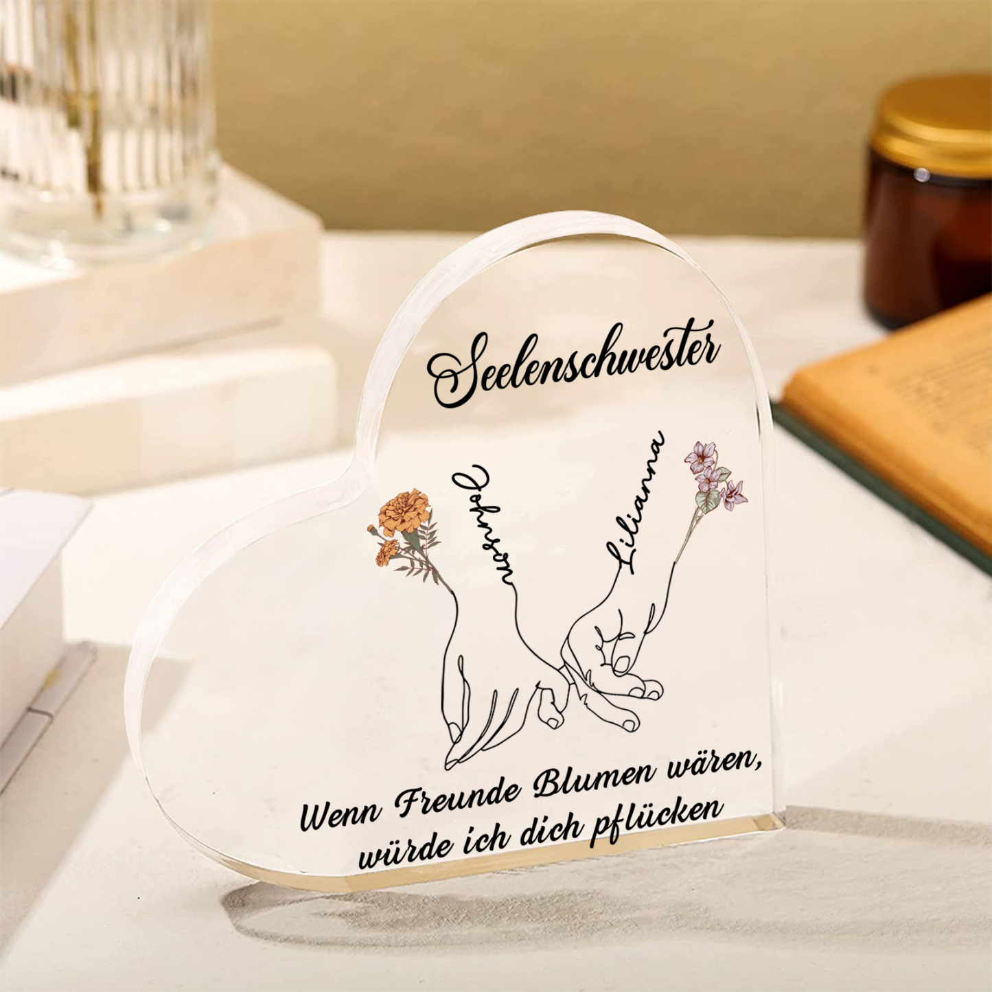 Personalisierte 2 Namen & 2 Geburtsblumen & 2 Texte Herz Acryl-Deko -Wenn Freunde Blumen wären, würde ich dich pflücken- Schreibtischdekoration für Beste Freundin